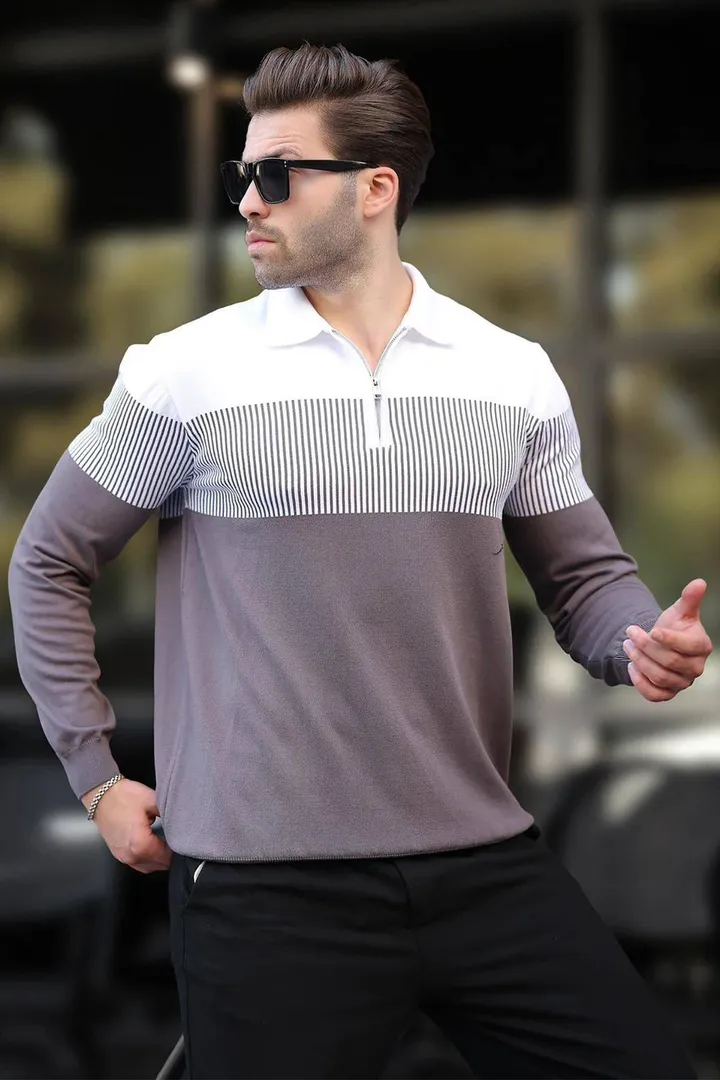 Madmextپلیور آستین بلند بلوکی رنگ یقه زیپ خاکستری