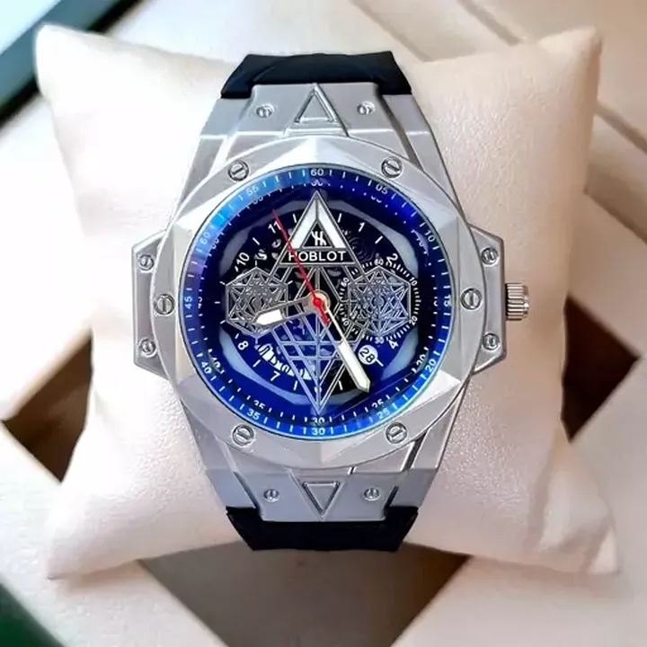 ساعت مچی مردانه (پسرانه) هابلوت Hublot تقویم دار عقره ایی بند سیلیکات مشکی طرح فضایی طوسی کد 2736