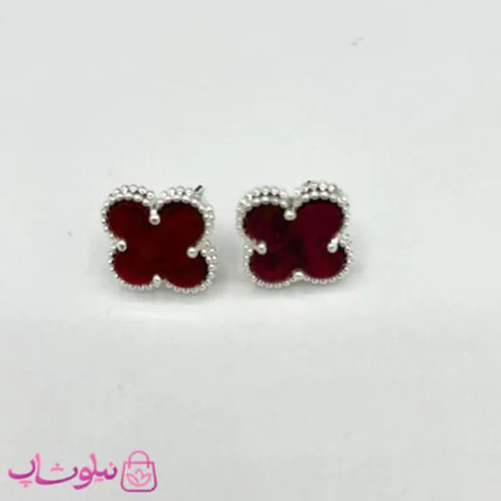گوشواره میخی دخترانه زرشکی طرح ونکلیف آبکاری نقره کیفیت مستر کد 240