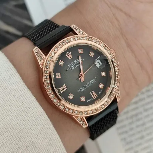 ساعت زنانه و دخترانه بند حصیری قاب نگینی رولکس دیت جاست ROLEX