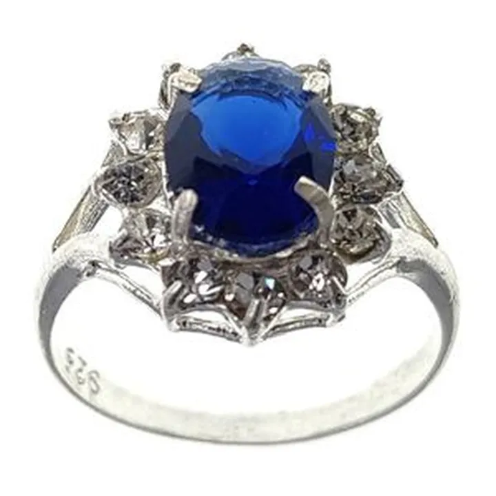 انگشتر نقره زنانه مدل سنگ یاقوت کبود مخراج برلیان کد ۹۱۰۰