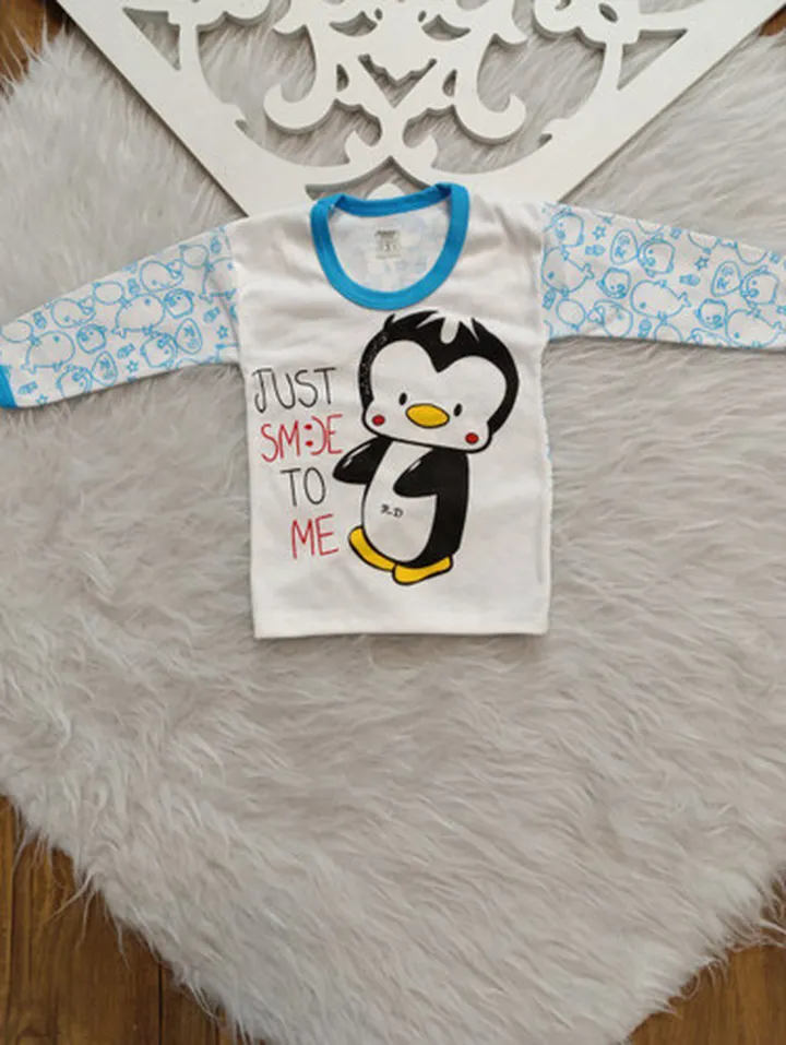 سیسمونی نوزادی دختر و پسر بلوزآستین بلند نوزادی اسپرت  سایز 1 تا 3 طرح پنگو�ئن رنگ آبی