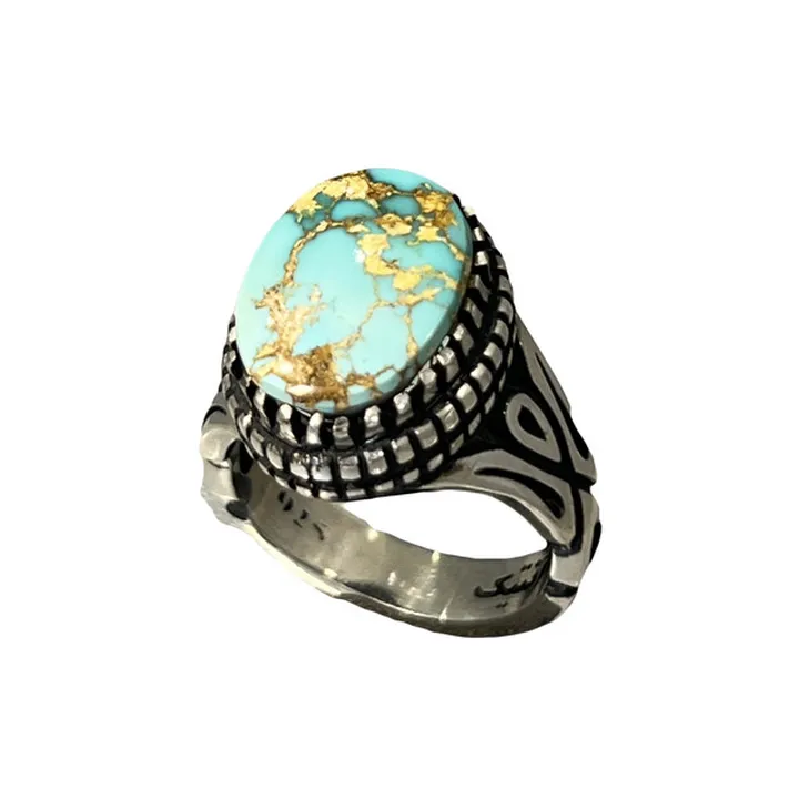 انگشتر نقره مردانه مدل هزار چنگ دستساز فیروزه نیشا...