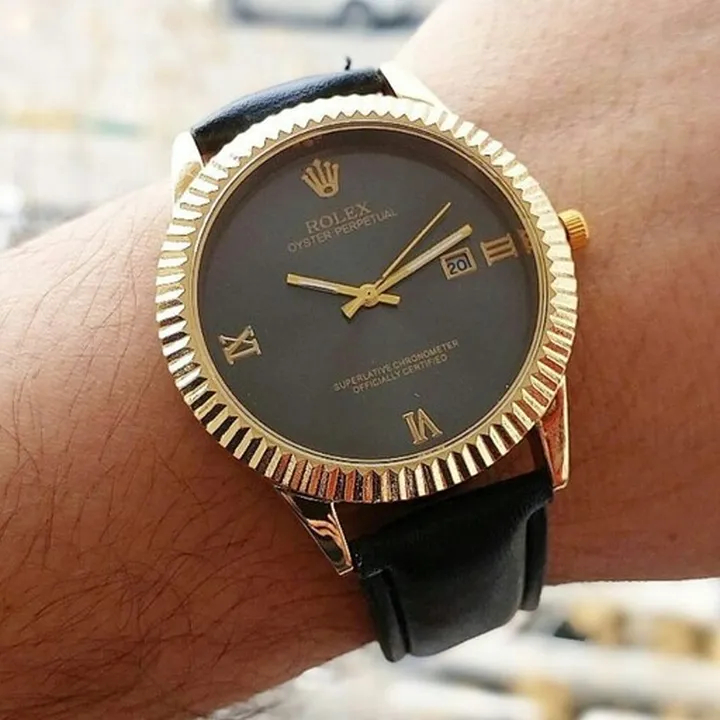 ساعت مچی مردانه بند چرم تقویم فعال رولکس ROLEX