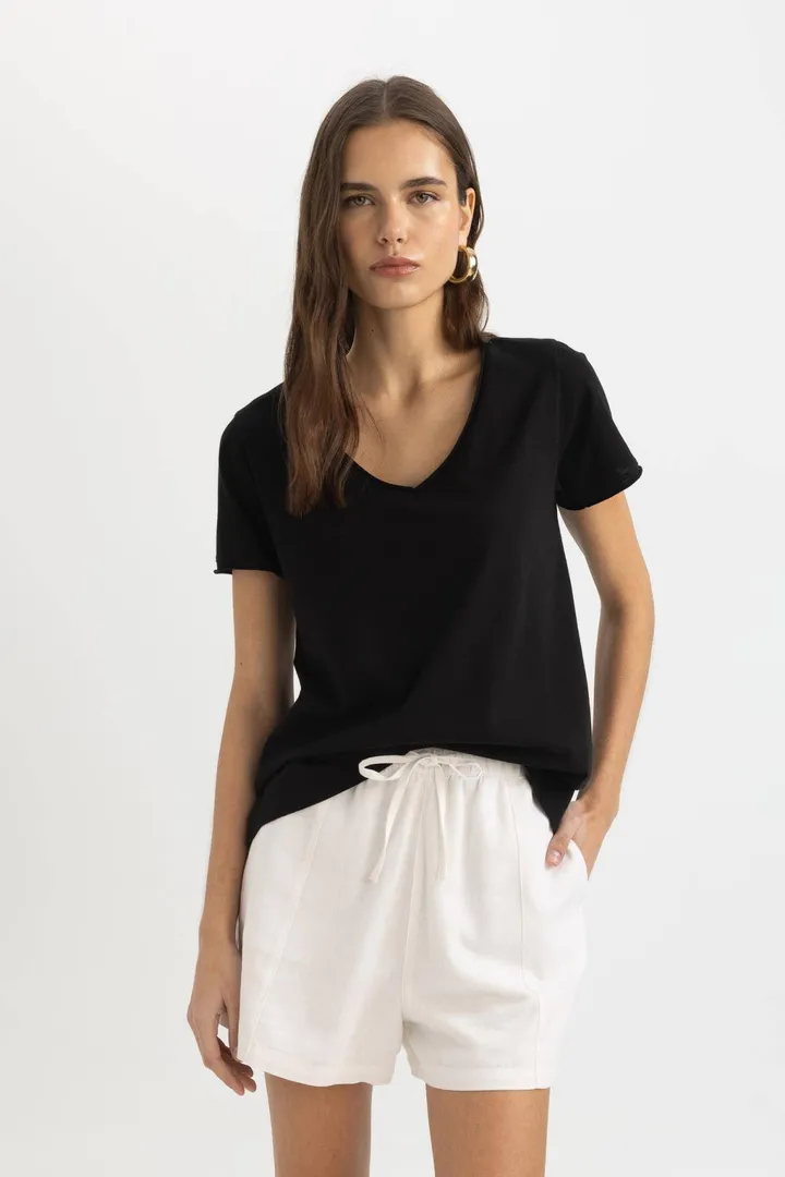 Defactoتیشرت آستین کوتاه یقه وی شکل معمولی