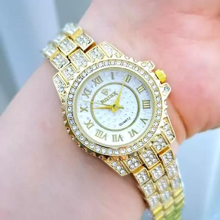 ساعت مچی زنانه فول نگین ROLEX رولکس بند استیل طلایی صفحه نمایش گرد سفید مجلسی شیک و جدید کد 3150