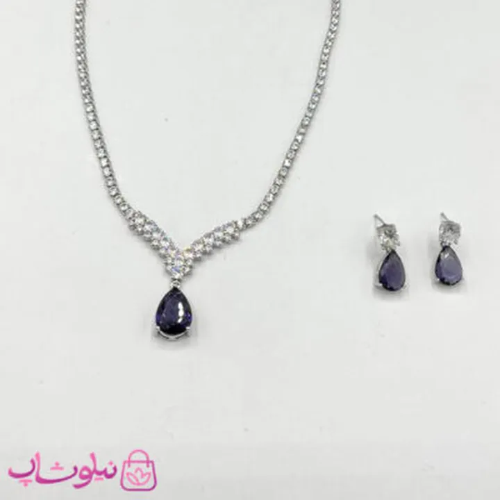 ست گردنبند و گوشواره زنانه تنیسی با کریستال اشکی بنفش کد 600