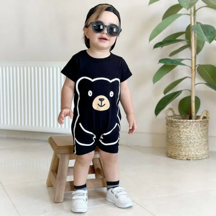 رامپر مشکی نخی نوزاد و بچه گانه خرس مهربون...