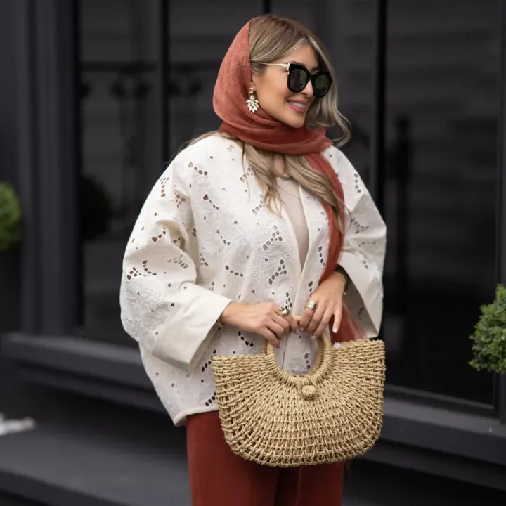کت لینن قلاب بافی کرم