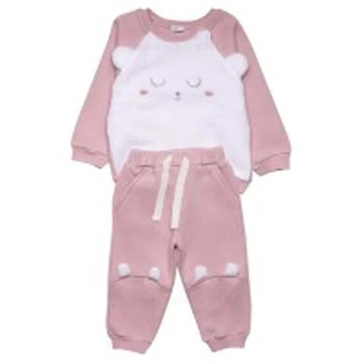 بلوز شلوار دخترانه طرح خرس رنگ صورتی سفید پاپو Papo