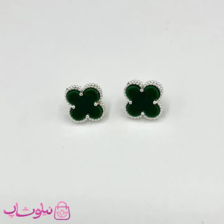 گوشواره ظریف دخترانه طرح ونکلیف یشمی آبکاری نقره کیفیت مستر کد 240