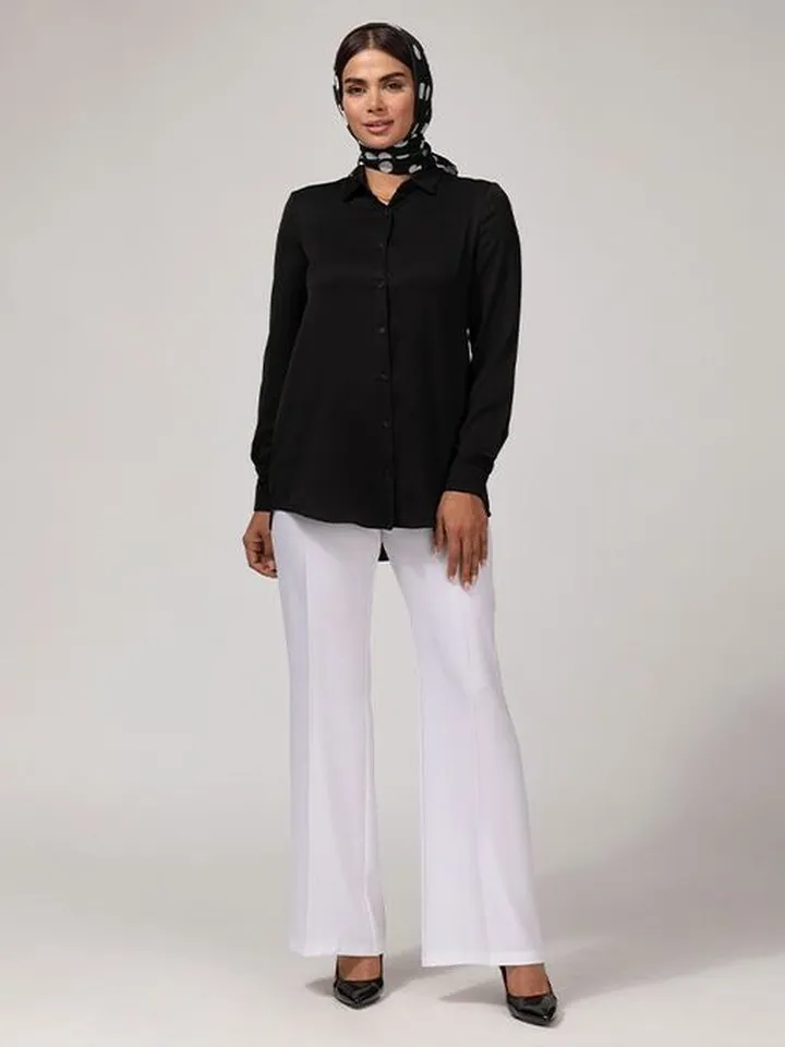 تونیک زنانه کرپ یقه مردانه آستین بلند بیسیک 50100 مشکی