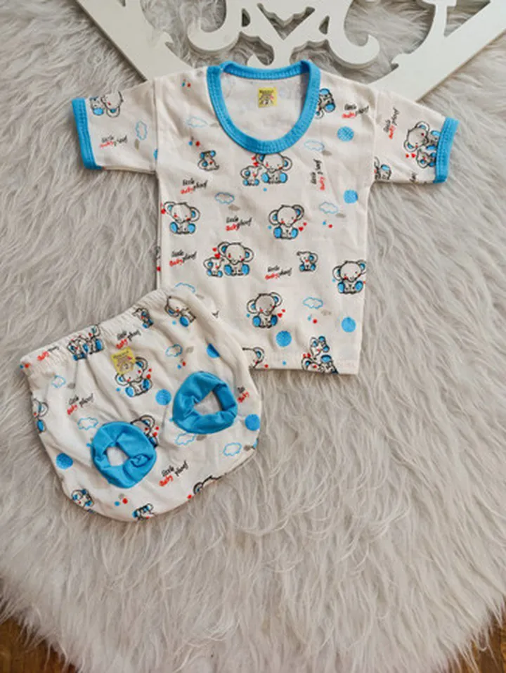 تیشرت و شورت عینکی نوزاد طرح فیل سایز ۱ تا ۳. رنگ ابی – تابستانه و خنک