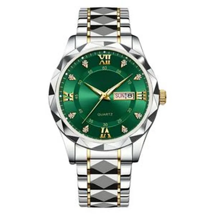 ساعت مچی عقربهای 40 میلیمتری مردانه با موتور کوارتز، عقربههای شبتاب، کرنوگراف، تاریخ شمار، صفحهنمایش با طرح اعداد رومی، بدنه و بند استیل، مدل دی دیت تراش الماسی کد C1.4 سری 615