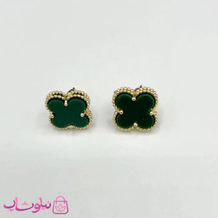 گوشواره میخی دخترانه سبز یشمی طرح ونکلیف آبکاری طلا کیفیت مستر کد 240