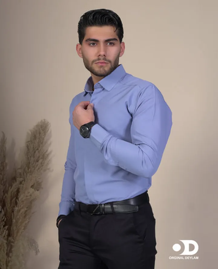پیراهن دوشین اسپرت-مجلسی مردانه رنگ آبی طوسی |یقه خرگوشی snt