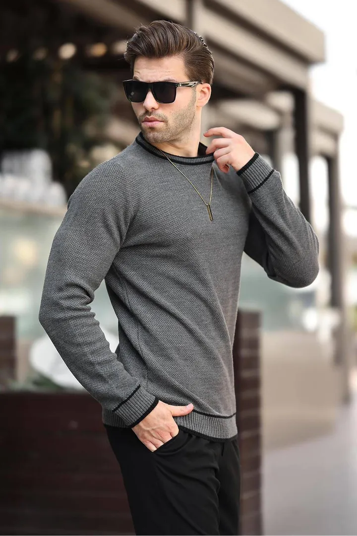Madmextپلیور بافتنی آستین بلند با جزئیات یقه آنتراسیت