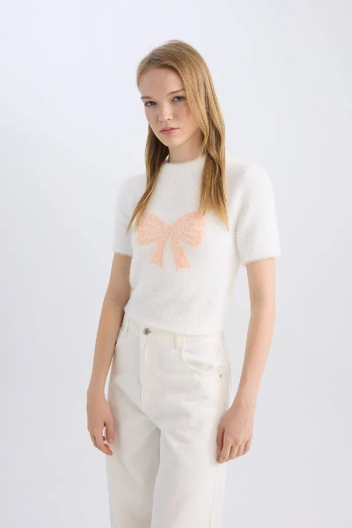 Defactoژاکت بافتنی یقه آستین کوتاه مخملی با روبان پاپیون خدمه D1710ax24wn