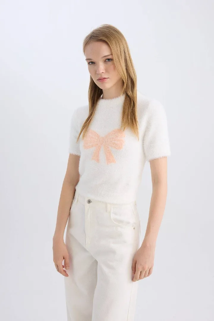 Defactoژاکت بافتنی یقه آستین کوتاه مخملی با روبان پاپیون خدمه D1710ax24wn