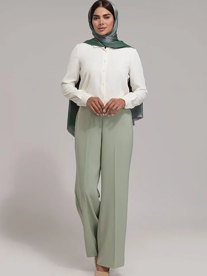 تونیک زنانه کرپ یقه مردانه آستین بلند بیسیک 50100 شیری