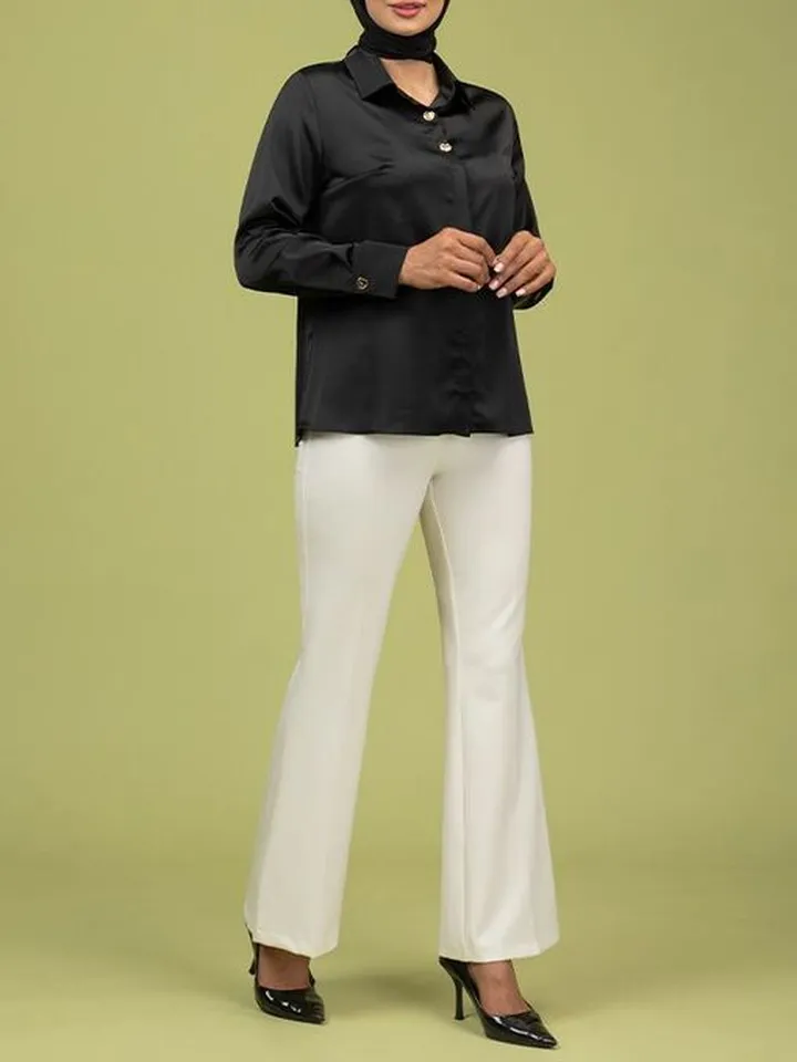 شومیز زنانه ساتن زارا یقه مردانه آستین بلند درای دکمه تزیینی مهناز مشکی