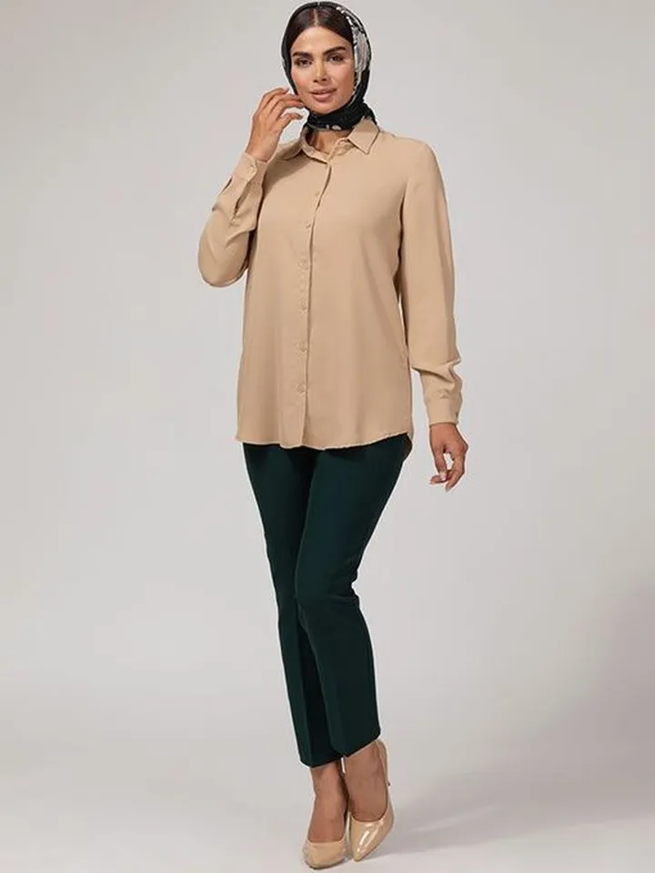 تونیک زنانه کرپ یقه مردانه آستین بلند بیسیک 50100 نسکافه ای