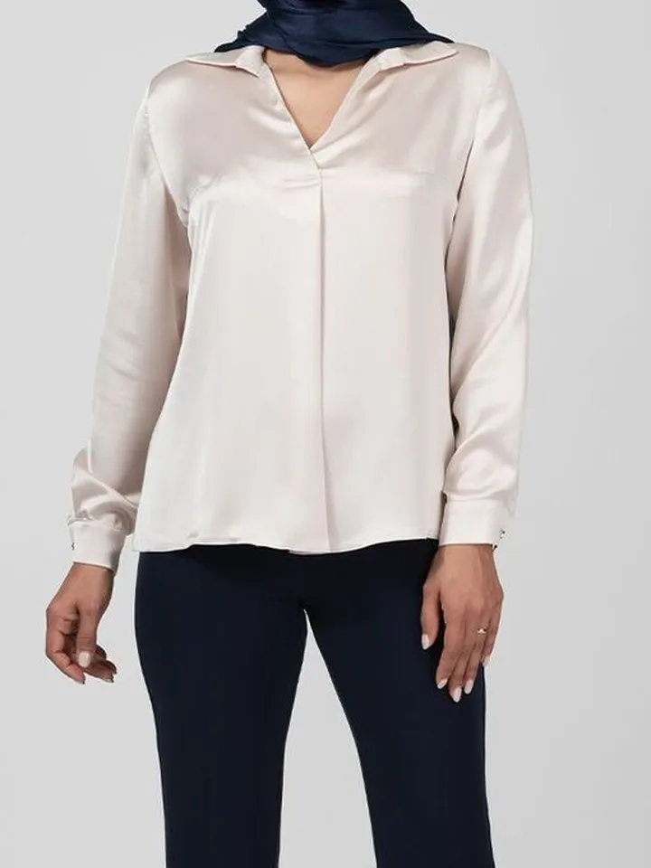 بلوز زنانه ساتن یقه مردانه کلاسیک آستین بلند فروغ کرم