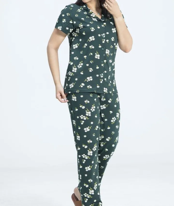 ست زنانه کت آستین کوتاه و پیژامه سبزتیره