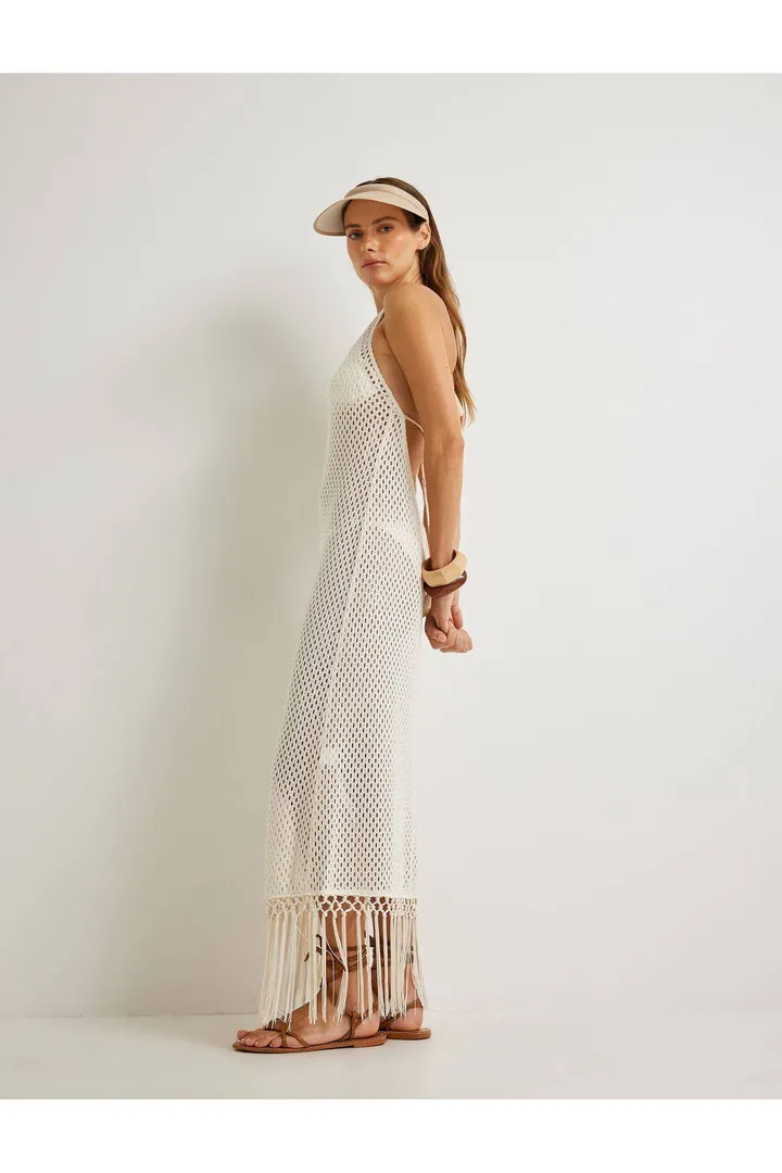 KotonX Şahika Ercümen - منگوله یقه هالتر لباس ساحلی قلاب بافی