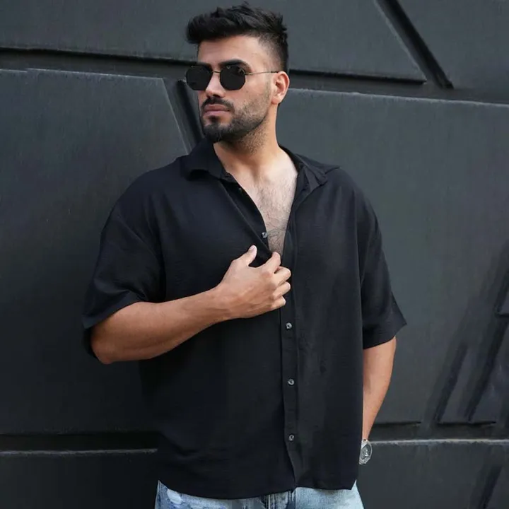 پیراهن آستین کوتاه مشکی مردانه مدل باکسی