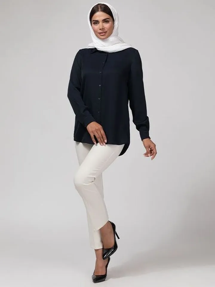 تونیک زنانه کرپ یقه مردانه آستین بلند بیسیک 50100 سرمه ای