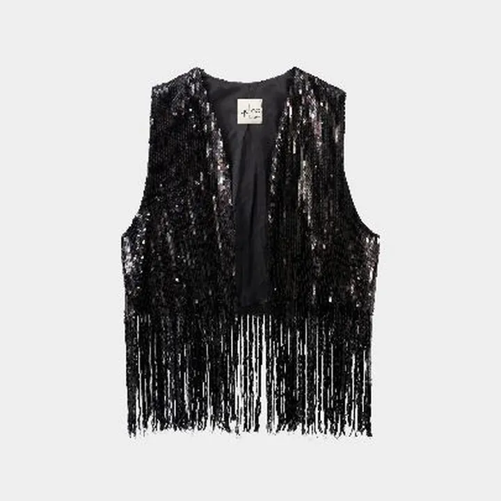 جلیقه زنانه پولکی مشکی ریشهدار