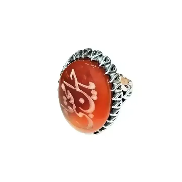 انگشتر نقره مردانه عقیق سرخ خطی ذکر یا حسن (ع)