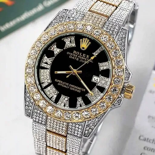 ساعت رولکس فول استون نگین دار بند طلایی نقره ای صفحه مشکی ROLEX کد 1432